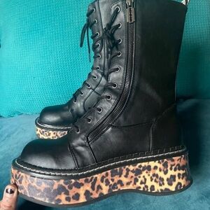 Demonia Black Boots with Leopard Print Platform